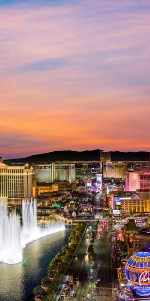 Evening tram running through Las Vegas streets