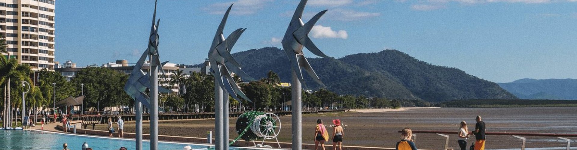 Tram and bustling public transport hub in Cairns
