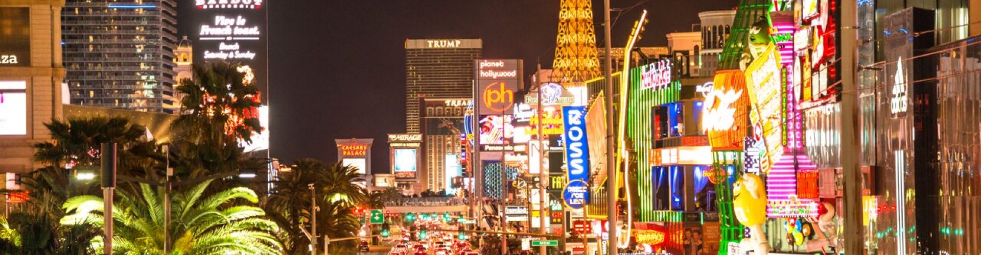 Night tram on cobblestones in Las Vegas, NV, US