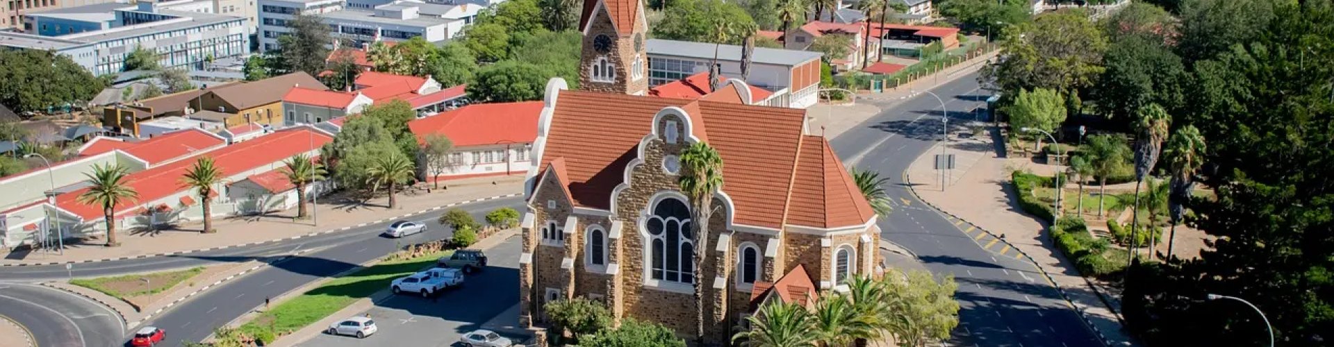 Night tram on cobblestone street in Windhoek
